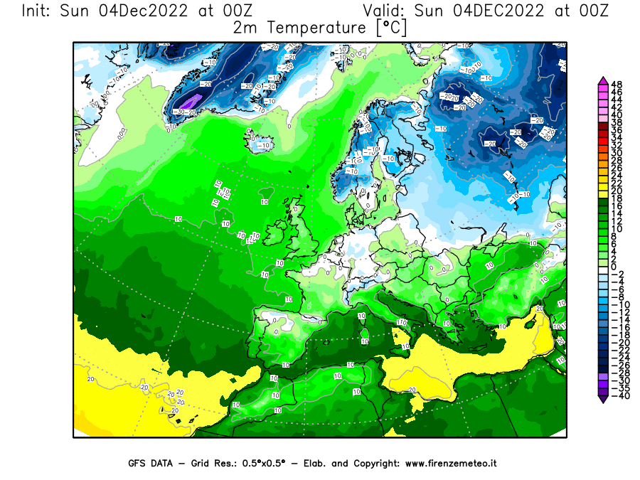 Mappa di analisi GFS - Temperatura a 2 metri dal suolo [°C] in Europa
							del 04/12/2022 00 <!--googleoff: index-->UTC<!--googleon: index-->