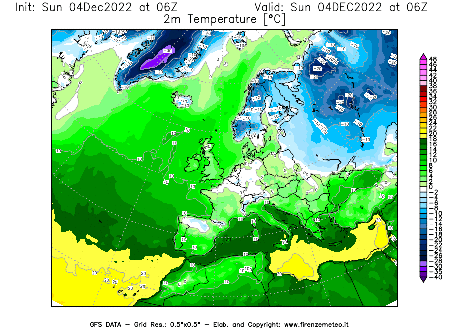 Mappa di analisi GFS - Temperatura a 2 metri dal suolo [°C] in Europa
							del 04/12/2022 06 <!--googleoff: index-->UTC<!--googleon: index-->