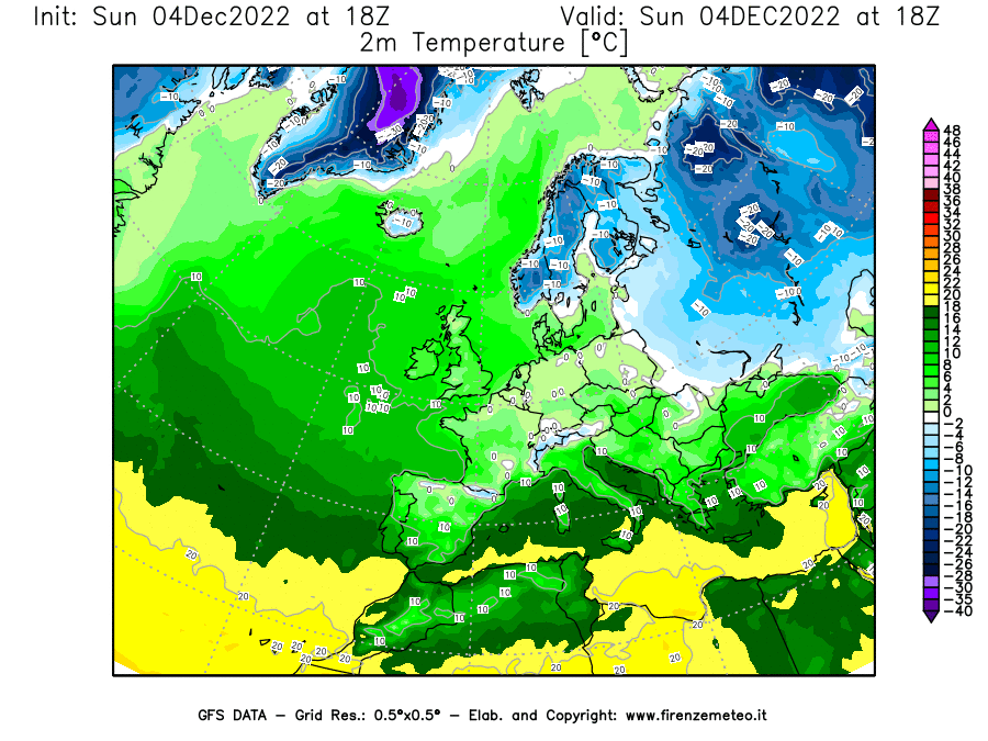 Mappa di analisi GFS - Temperatura a 2 metri dal suolo [°C] in Europa
							del 04/12/2022 18 <!--googleoff: index-->UTC<!--googleon: index-->
