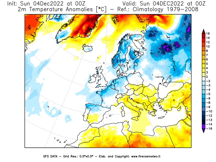 Mappa di analisi GFS - Anomalia Temperatura [°C] a 2 m in Europa
							del 04/12/2022 00 <!--googleoff: index-->UTC<!--googleon: index-->