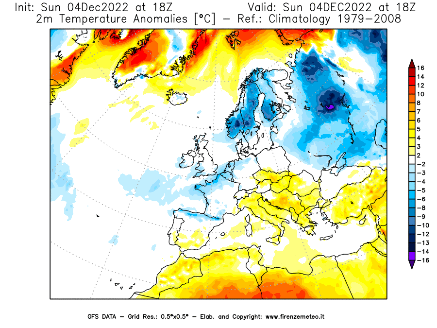 Mappa di analisi GFS - Anomalia Temperatura [°C] a 2 m in Europa
							del 04/12/2022 18 <!--googleoff: index-->UTC<!--googleon: index-->