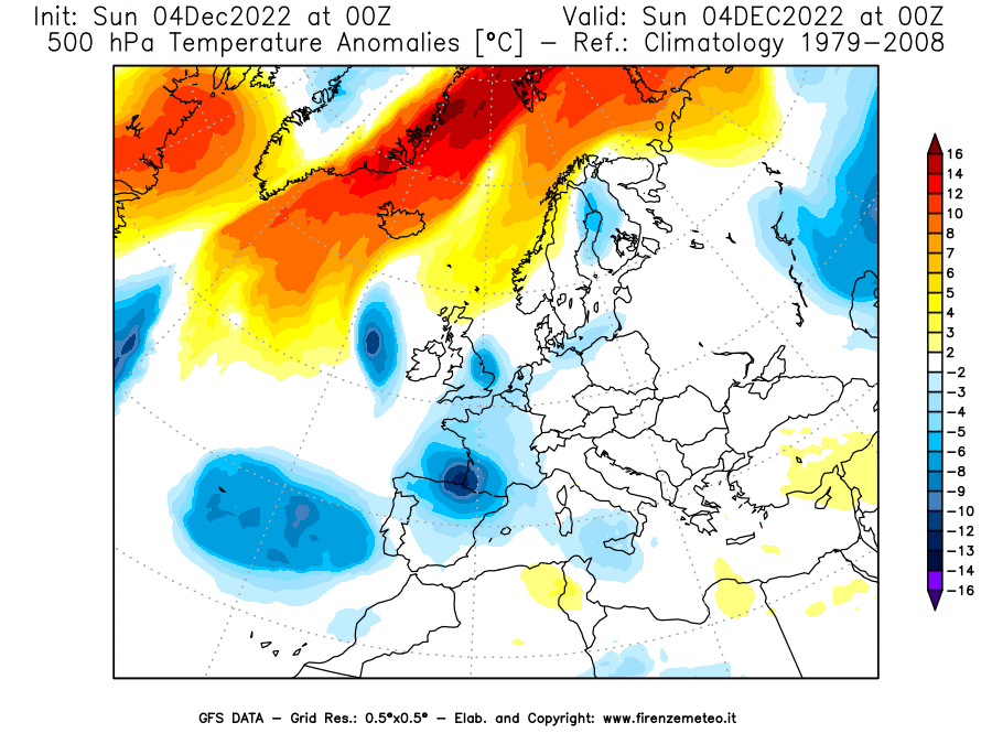 Mappa di analisi GFS - Anomalia Temperatura [°C] a 500 hPa in Europa
							del 04/12/2022 00 <!--googleoff: index-->UTC<!--googleon: index-->