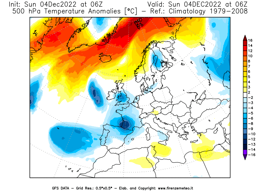 Mappa di analisi GFS - Anomalia Temperatura [°C] a 500 hPa in Europa
							del 04/12/2022 06 <!--googleoff: index-->UTC<!--googleon: index-->