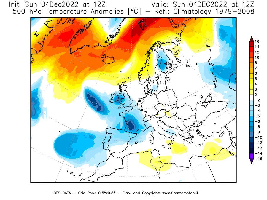 Mappa di analisi GFS - Anomalia Temperatura [°C] a 500 hPa in Europa
							del 04/12/2022 12 <!--googleoff: index-->UTC<!--googleon: index-->
