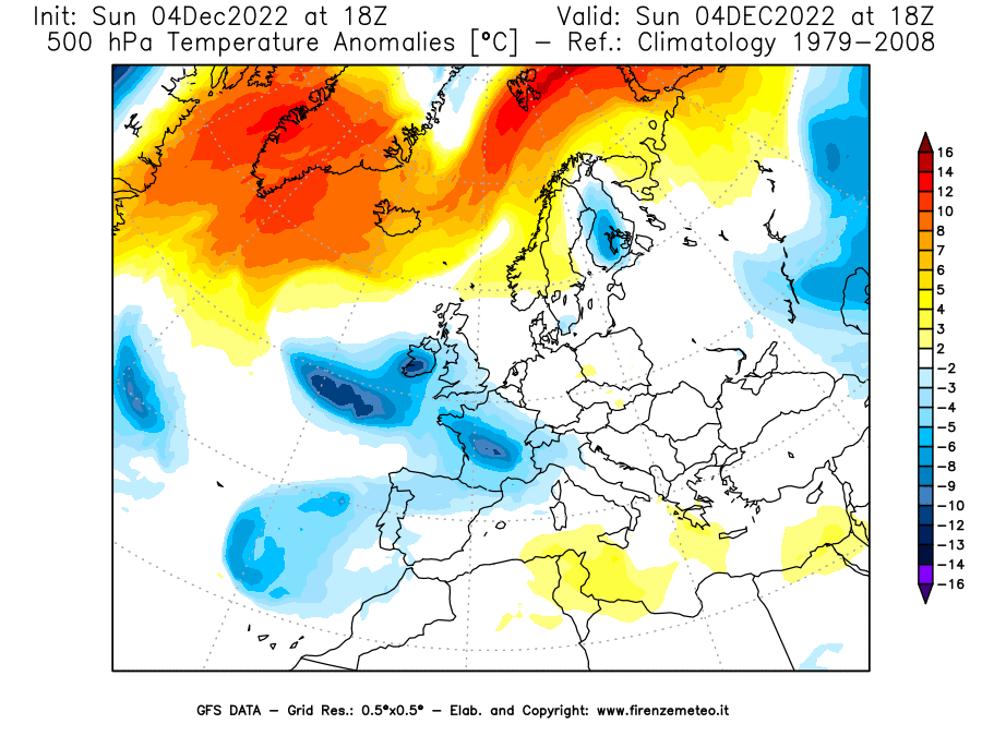 Mappa di analisi GFS - Anomalia Temperatura [°C] a 500 hPa in Europa
							del 04/12/2022 18 <!--googleoff: index-->UTC<!--googleon: index-->