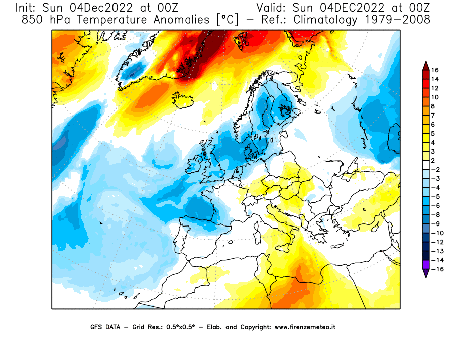 Mappa di analisi GFS - Anomalia Temperatura [°C] a 850 hPa in Europa
							del 04/12/2022 00 <!--googleoff: index-->UTC<!--googleon: index-->