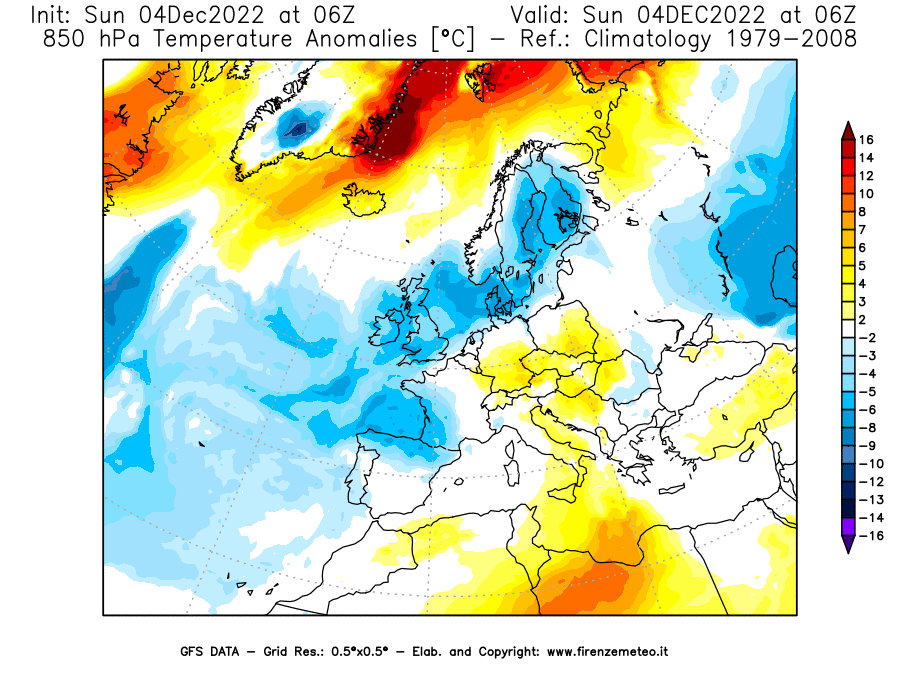 Mappa di analisi GFS - Anomalia Temperatura [°C] a 850 hPa in Europa
							del 04/12/2022 06 <!--googleoff: index-->UTC<!--googleon: index-->