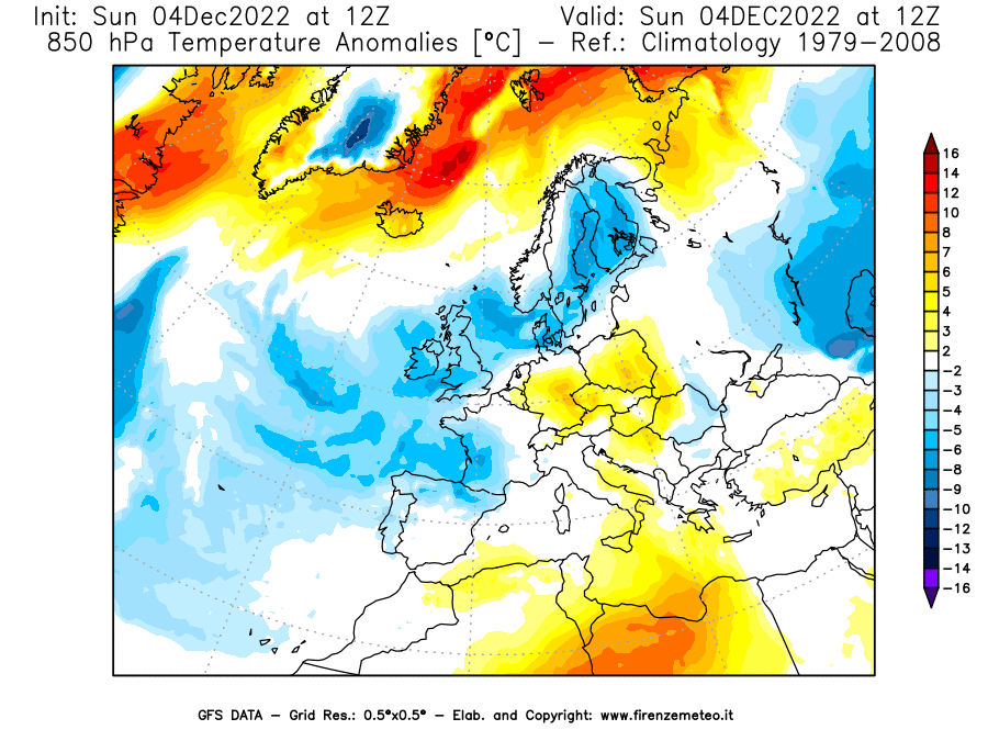Mappa di analisi GFS - Anomalia Temperatura [°C] a 850 hPa in Europa
							del 04/12/2022 12 <!--googleoff: index-->UTC<!--googleon: index-->