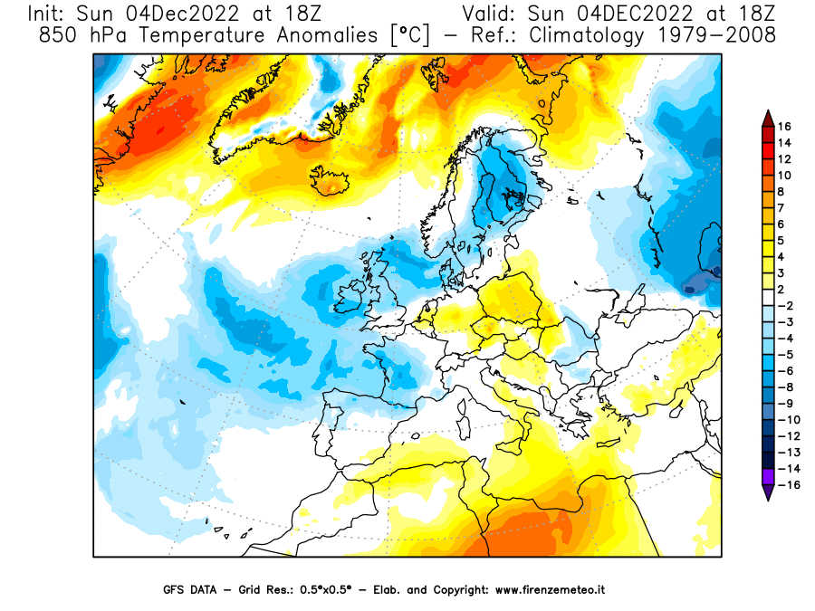 Mappa di analisi GFS - Anomalia Temperatura [°C] a 850 hPa in Europa
							del 04/12/2022 18 <!--googleoff: index-->UTC<!--googleon: index-->