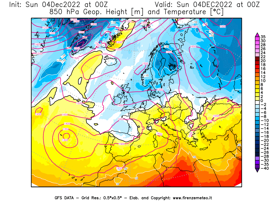 Mappa di analisi GFS - Geopotenziale [m] e Temperatura [°C] a 850 hPa in Europa
							del 04/12/2022 00 <!--googleoff: index-->UTC<!--googleon: index-->