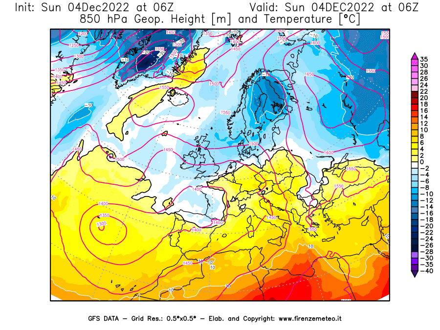 Mappa di analisi GFS - Geopotenziale [m] e Temperatura [°C] a 850 hPa in Europa
							del 04/12/2022 06 <!--googleoff: index-->UTC<!--googleon: index-->