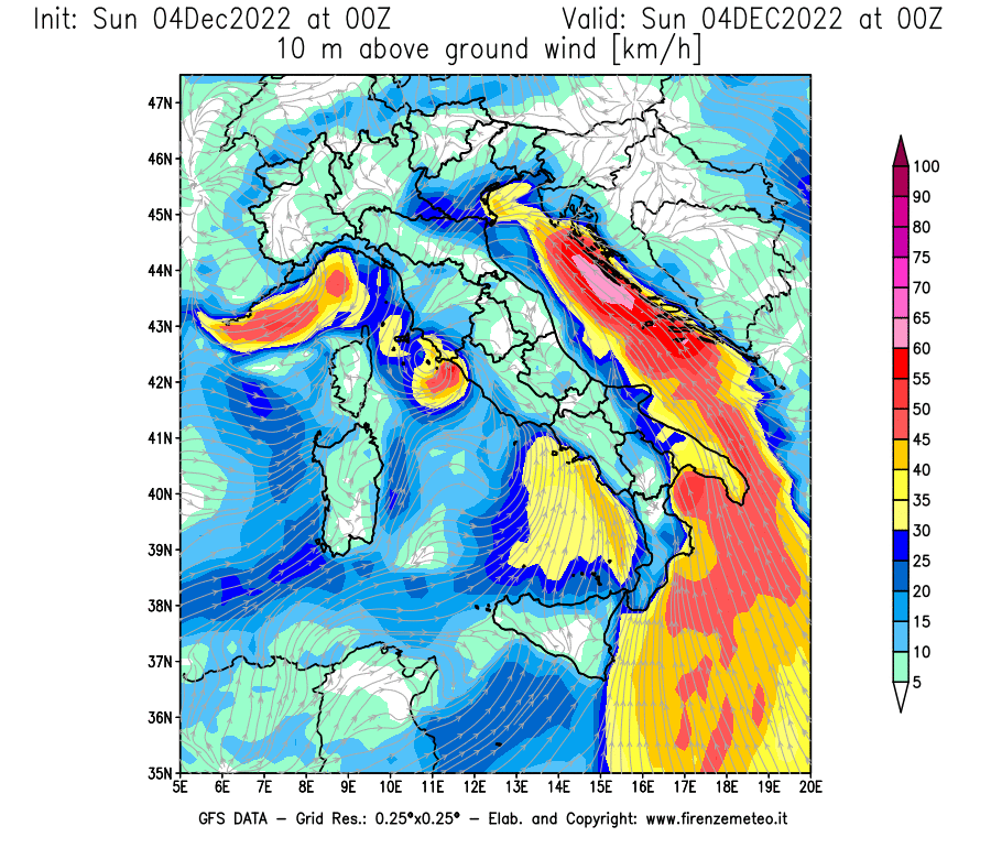 Mappa di analisi GFS - Velocità del vento a 10 metri dal suolo [km/h] in Italia
							del 04/12/2022 00 <!--googleoff: index-->UTC<!--googleon: index-->