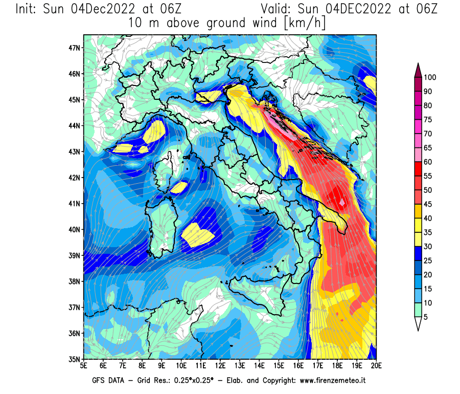 Mappa di analisi GFS - Velocità del vento a 10 metri dal suolo [km/h] in Italia
							del 04/12/2022 06 <!--googleoff: index-->UTC<!--googleon: index-->