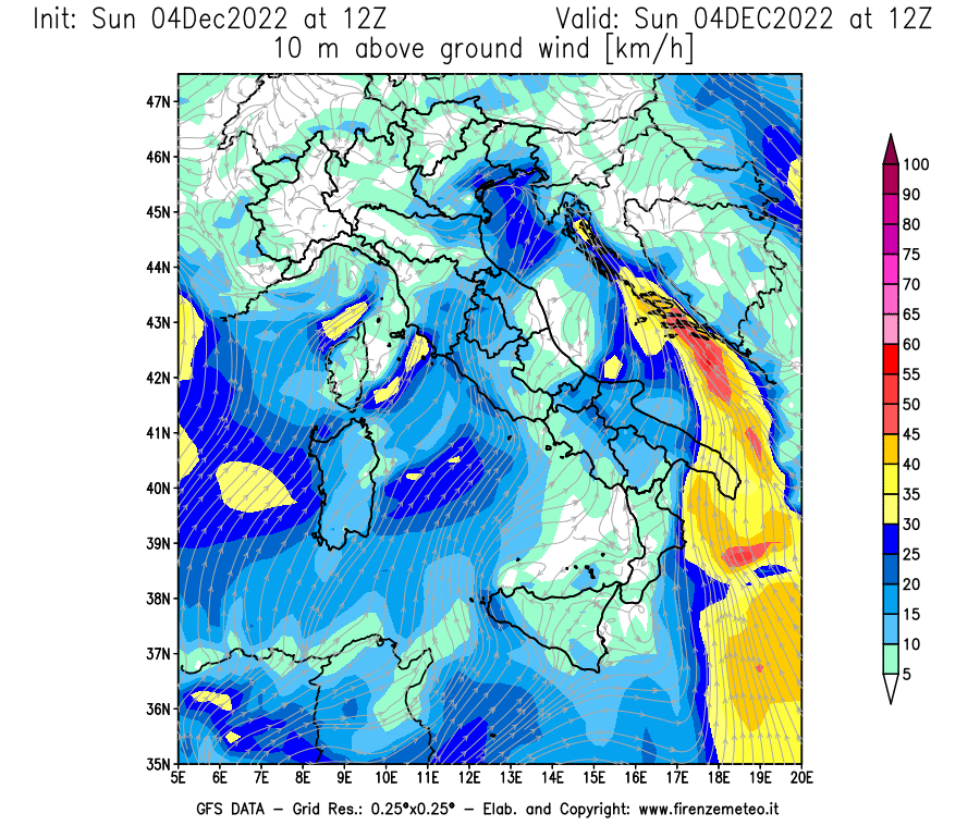 Mappa di analisi GFS - Velocità del vento a 10 metri dal suolo [km/h] in Italia
							del 04/12/2022 12 <!--googleoff: index-->UTC<!--googleon: index-->