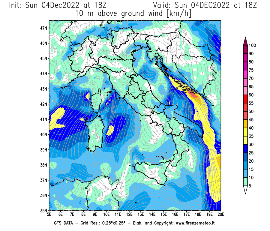 Mappa di analisi GFS - Velocità del vento a 10 metri dal suolo [km/h] in Italia
							del 04/12/2022 18 <!--googleoff: index-->UTC<!--googleon: index-->