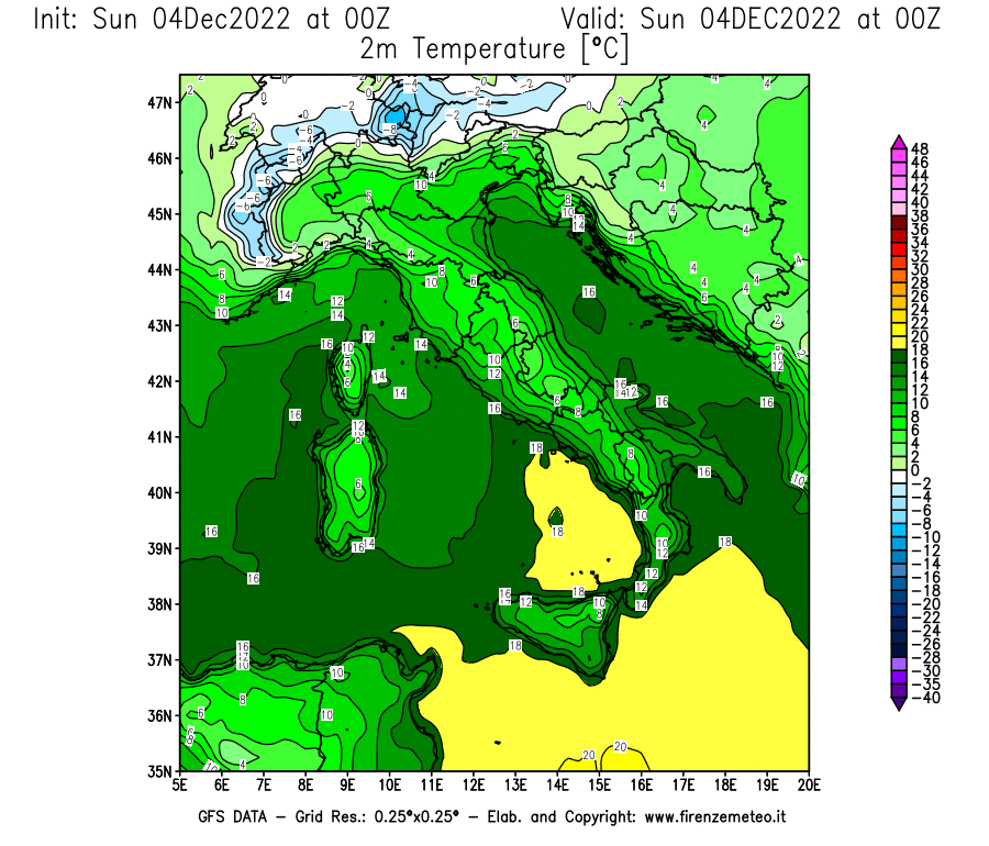Mappa di analisi GFS - Temperatura a 2 metri dal suolo [°C] in Italia
							del 04/12/2022 00 <!--googleoff: index-->UTC<!--googleon: index-->