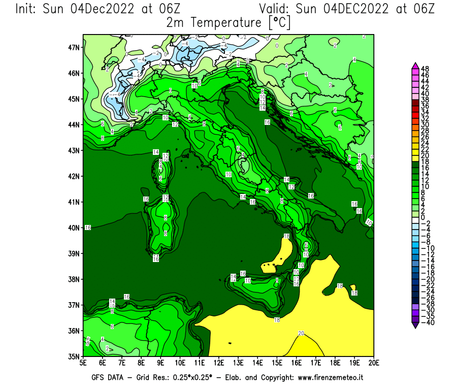 Mappa di analisi GFS - Temperatura a 2 metri dal suolo [°C] in Italia
							del 04/12/2022 06 <!--googleoff: index-->UTC<!--googleon: index-->