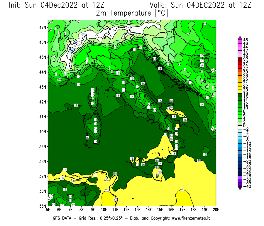 Mappa di analisi GFS - Temperatura a 2 metri dal suolo [°C] in Italia
							del 04/12/2022 12 <!--googleoff: index-->UTC<!--googleon: index-->
