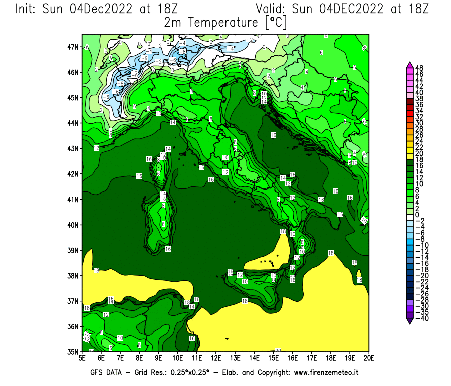 Mappa di analisi GFS - Temperatura a 2 metri dal suolo [°C] in Italia
							del 04/12/2022 18 <!--googleoff: index-->UTC<!--googleon: index-->