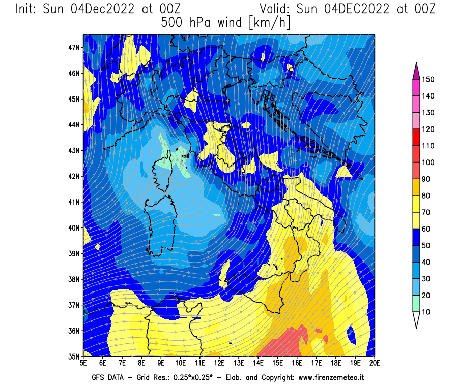 Mappa di analisi GFS - Velocità del vento a 500 hPa [km/h] in Italia
							del 04/12/2022 00 <!--googleoff: index-->UTC<!--googleon: index-->