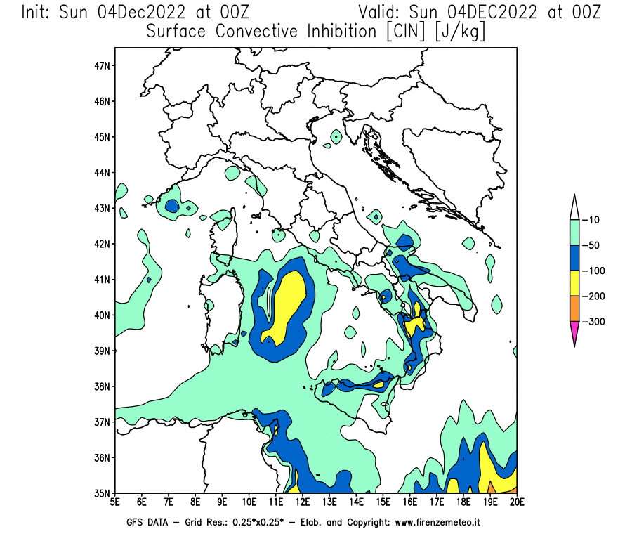 Mappa di analisi GFS - CIN [J/kg] in Italia
							del 04/12/2022 00 <!--googleoff: index-->UTC<!--googleon: index-->