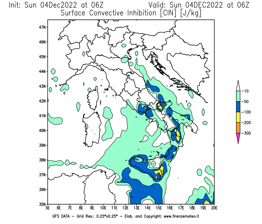 Mappa di analisi GFS - CIN [J/kg] in Italia
							del 04/12/2022 06 <!--googleoff: index-->UTC<!--googleon: index-->