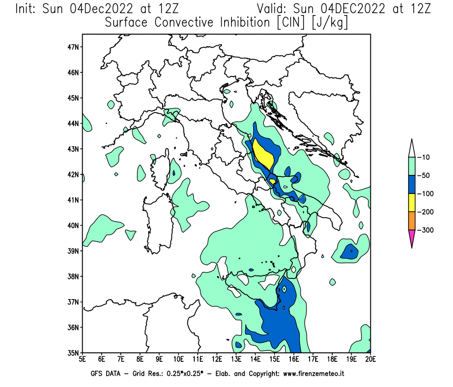 Mappa di analisi GFS - CIN [J/kg] in Italia
							del 04/12/2022 12 <!--googleoff: index-->UTC<!--googleon: index-->