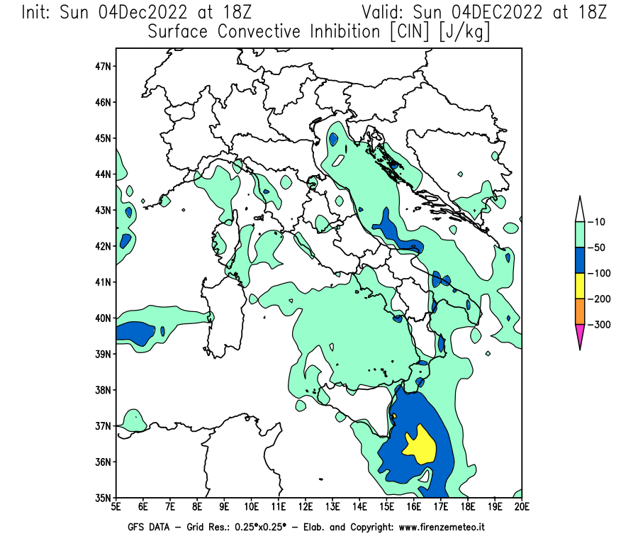 Mappa di analisi GFS - CIN [J/kg] in Italia
							del 04/12/2022 18 <!--googleoff: index-->UTC<!--googleon: index-->