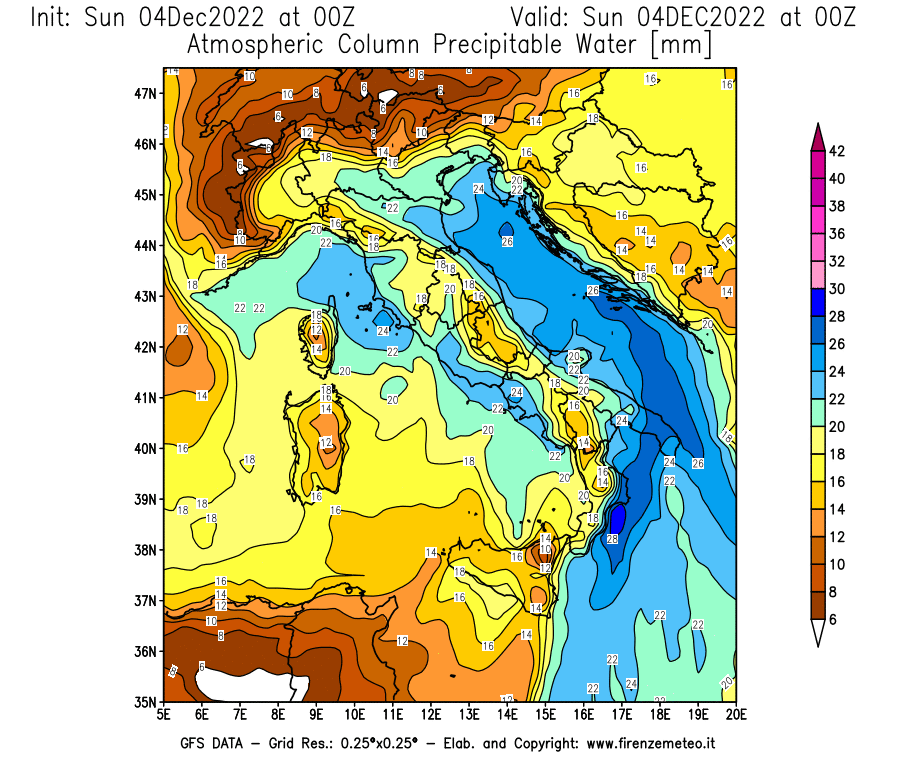 Mappa di analisi GFS - Precipitable Water [mm] in Italia
							del 04/12/2022 00 <!--googleoff: index-->UTC<!--googleon: index-->