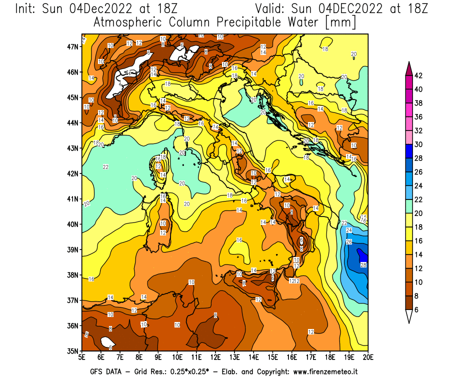 Mappa di analisi GFS - Precipitable Water [mm] in Italia
							del 04/12/2022 18 <!--googleoff: index-->UTC<!--googleon: index-->