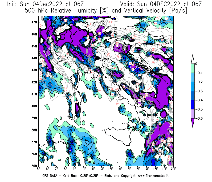 Mappa di analisi GFS - Umidità relativa [%] e Omega [Pa/s] a 500 hPa in Italia
							del 04/12/2022 06 <!--googleoff: index-->UTC<!--googleon: index-->