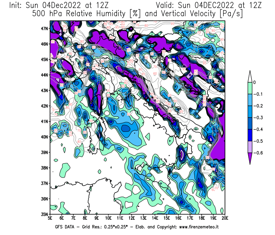 Mappa di analisi GFS - Umidità relativa [%] e Omega [Pa/s] a 500 hPa in Italia
							del 04/12/2022 12 <!--googleoff: index-->UTC<!--googleon: index-->