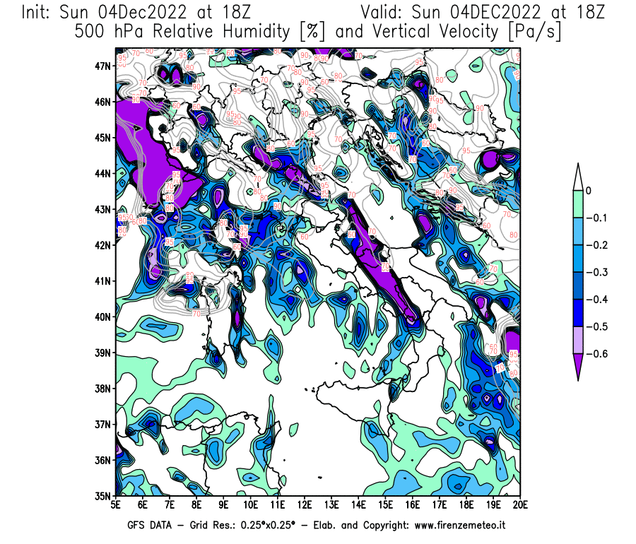 Mappa di analisi GFS - Umidità relativa [%] e Omega [Pa/s] a 500 hPa in Italia
							del 04/12/2022 18 <!--googleoff: index-->UTC<!--googleon: index-->
