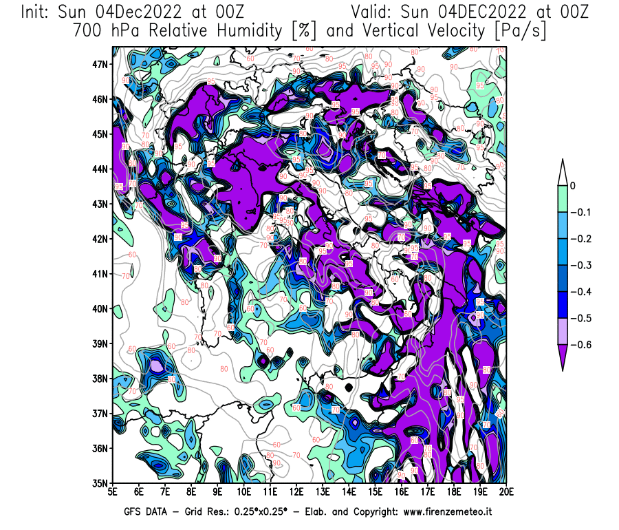 Mappa di analisi GFS - Umidità relativa [%] e Omega [Pa/s] a 700 hPa in Italia
							del 04/12/2022 00 <!--googleoff: index-->UTC<!--googleon: index-->