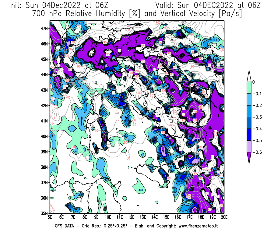 Mappa di analisi GFS - Umidità relativa [%] e Omega [Pa/s] a 700 hPa in Italia
							del 04/12/2022 06 <!--googleoff: index-->UTC<!--googleon: index-->
