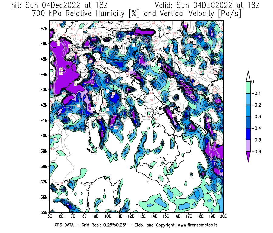 Mappa di analisi GFS - Umidità relativa [%] e Omega [Pa/s] a 700 hPa in Italia
							del 04/12/2022 18 <!--googleoff: index-->UTC<!--googleon: index-->