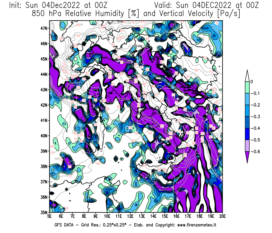 Mappa di analisi GFS - Umidità relativa [%] e Omega [Pa/s] a 850 hPa in Italia
							del 04/12/2022 00 <!--googleoff: index-->UTC<!--googleon: index-->