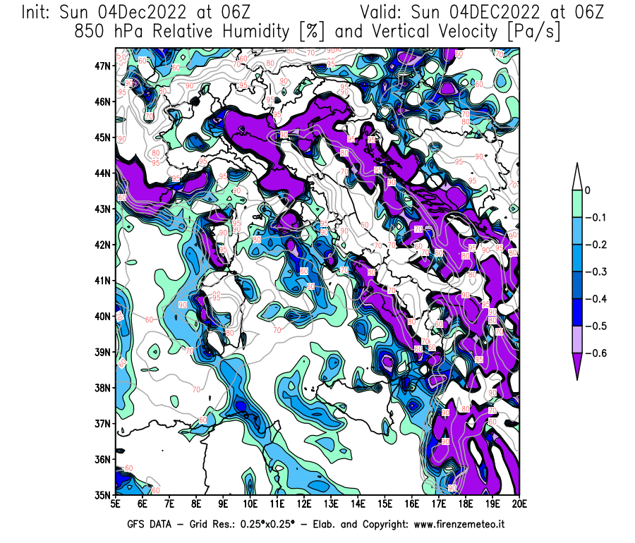 Mappa di analisi GFS - Umidità relativa [%] e Omega [Pa/s] a 850 hPa in Italia
							del 04/12/2022 06 <!--googleoff: index-->UTC<!--googleon: index-->