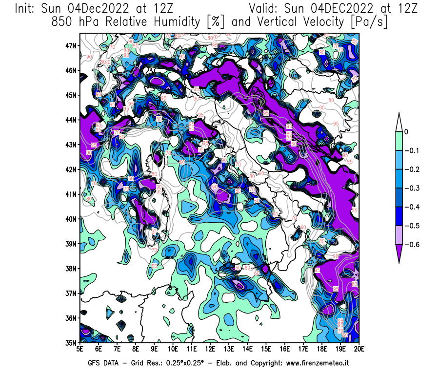 Mappa di analisi GFS - Umidità relativa [%] e Omega [Pa/s] a 850 hPa in Italia
							del 04/12/2022 12 <!--googleoff: index-->UTC<!--googleon: index-->