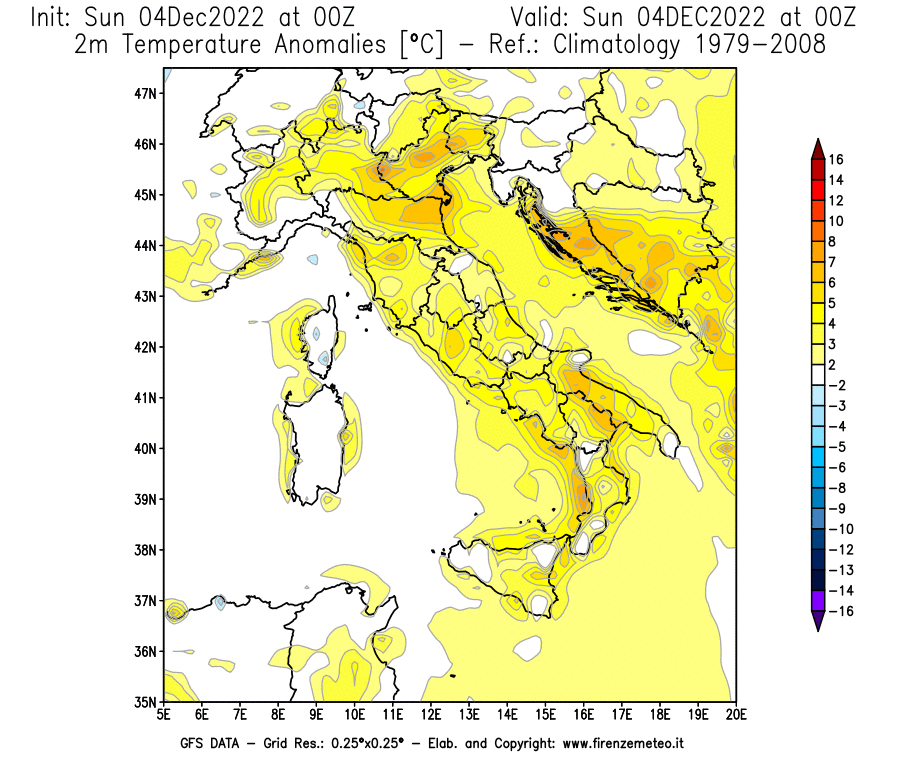 Mappa di analisi GFS - Anomalia Temperatura [°C] a 2 m in Italia
							del 04/12/2022 00 <!--googleoff: index-->UTC<!--googleon: index-->