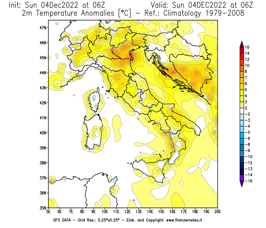 Mappa di analisi GFS - Anomalia Temperatura [°C] a 2 m in Italia
							del 04/12/2022 06 <!--googleoff: index-->UTC<!--googleon: index-->