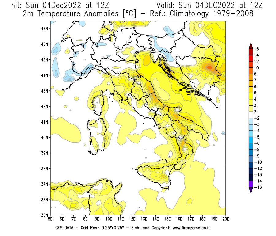 Mappa di analisi GFS - Anomalia Temperatura [°C] a 2 m in Italia
							del 04/12/2022 12 <!--googleoff: index-->UTC<!--googleon: index-->