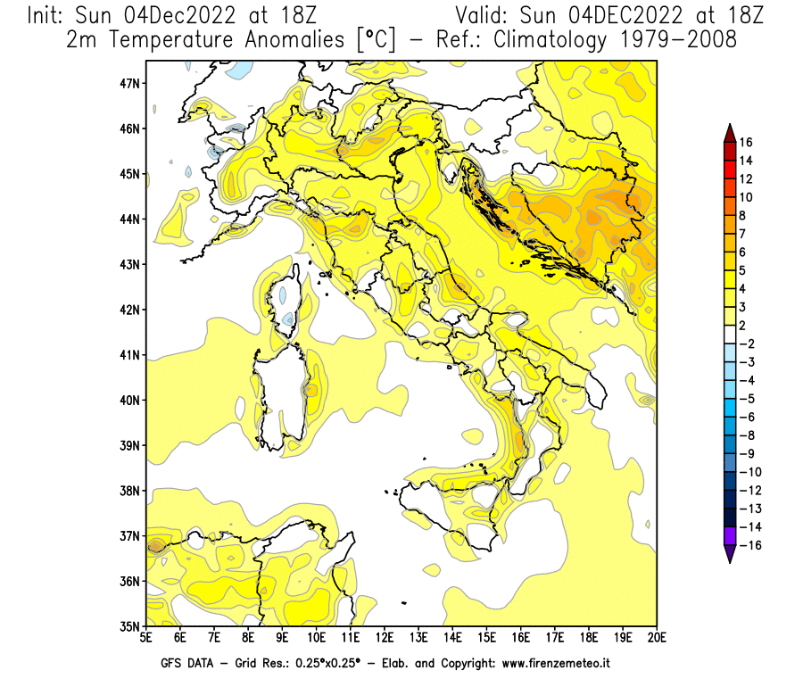 Mappa di analisi GFS - Anomalia Temperatura [°C] a 2 m in Italia
							del 04/12/2022 18 <!--googleoff: index-->UTC<!--googleon: index-->