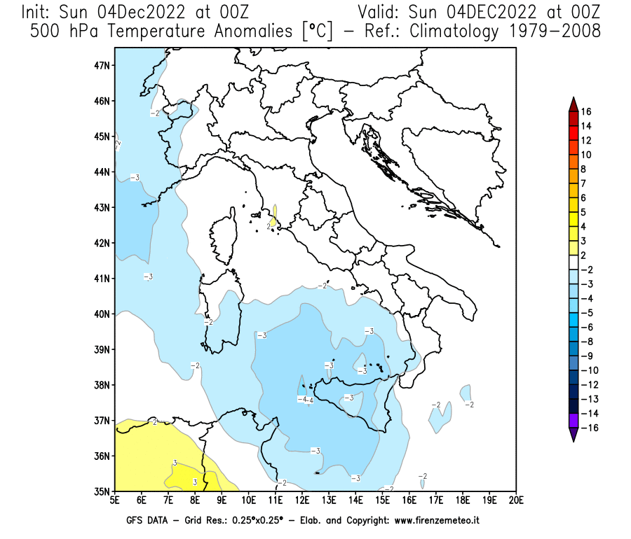 Mappa di analisi GFS - Anomalia Temperatura [°C] a 500 hPa in Italia
							del 04/12/2022 00 <!--googleoff: index-->UTC<!--googleon: index-->