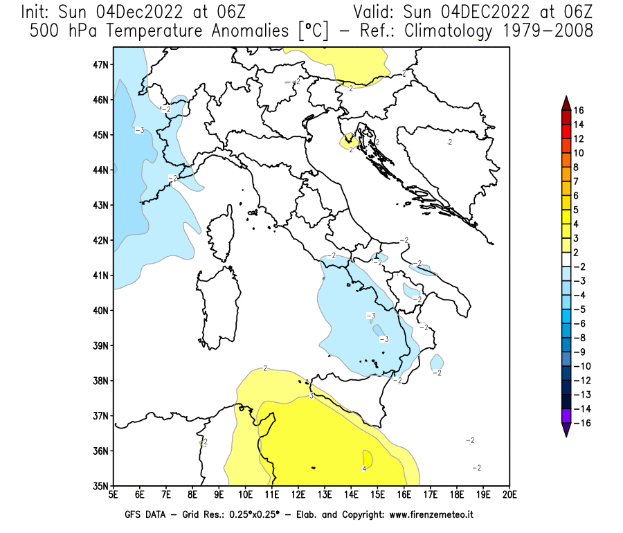 Mappa di analisi GFS - Anomalia Temperatura [°C] a 500 hPa in Italia
							del 04/12/2022 06 <!--googleoff: index-->UTC<!--googleon: index-->