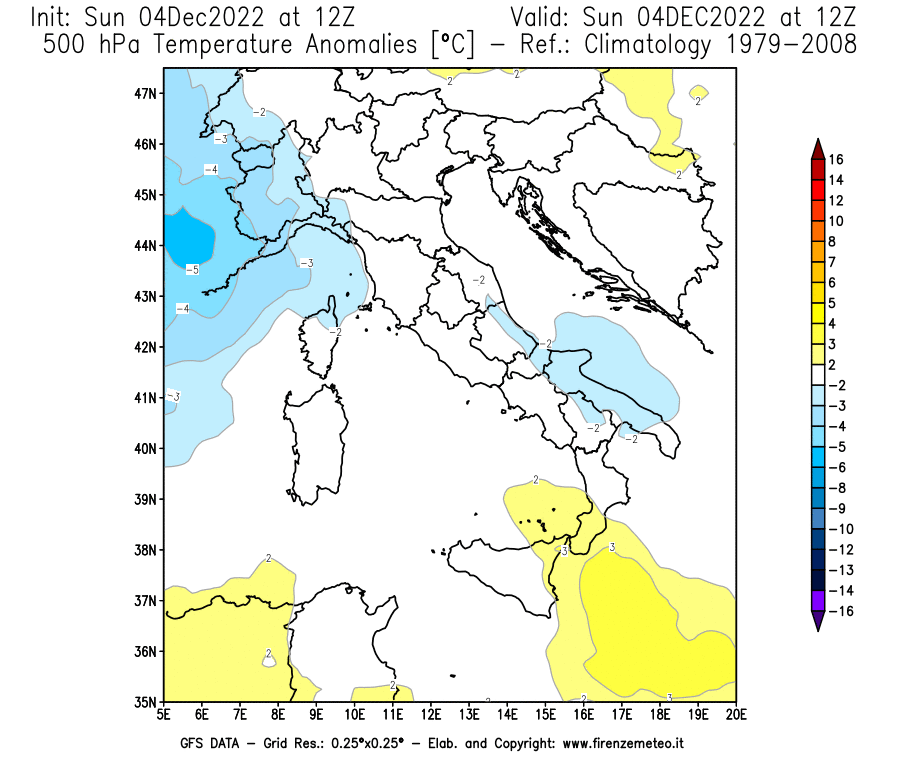 Mappa di analisi GFS - Anomalia Temperatura [°C] a 500 hPa in Italia
							del 04/12/2022 12 <!--googleoff: index-->UTC<!--googleon: index-->
