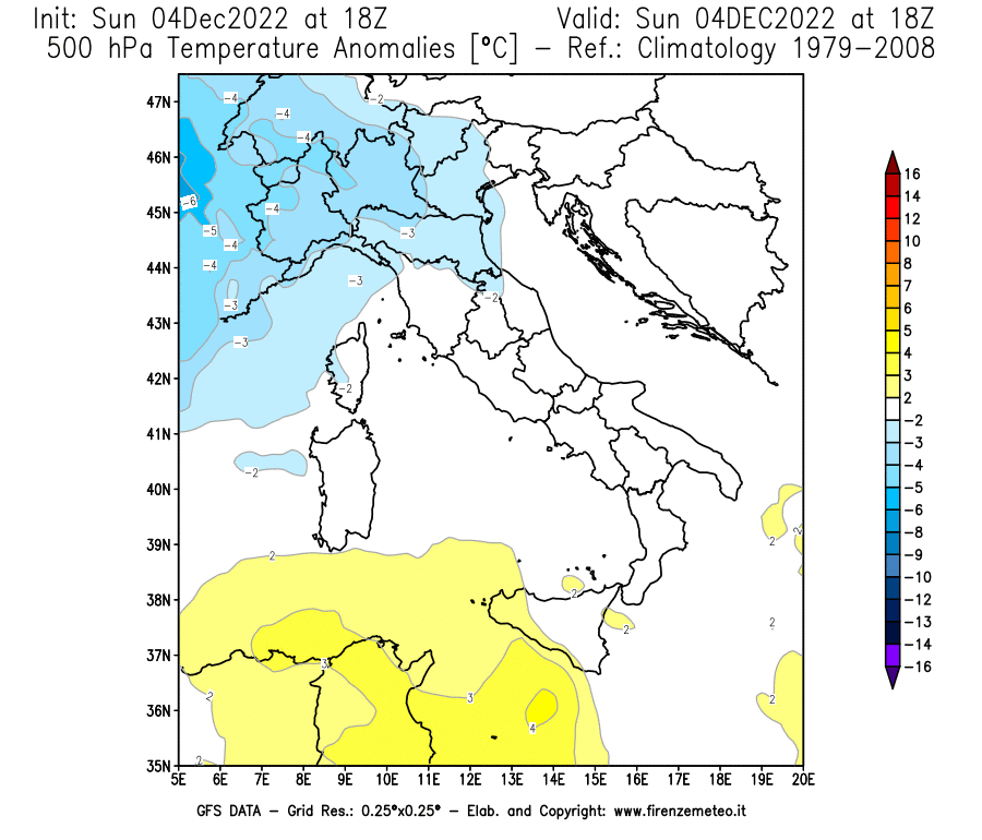 Mappa di analisi GFS - Anomalia Temperatura [°C] a 500 hPa in Italia
							del 04/12/2022 18 <!--googleoff: index-->UTC<!--googleon: index-->