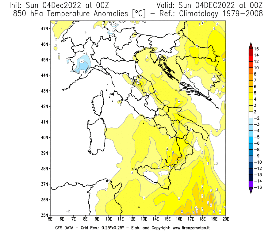 Mappa di analisi GFS - Anomalia Temperatura [°C] a 850 hPa in Italia
							del 04/12/2022 00 <!--googleoff: index-->UTC<!--googleon: index-->