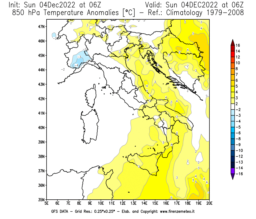 Mappa di analisi GFS - Anomalia Temperatura [°C] a 850 hPa in Italia
							del 04/12/2022 06 <!--googleoff: index-->UTC<!--googleon: index-->