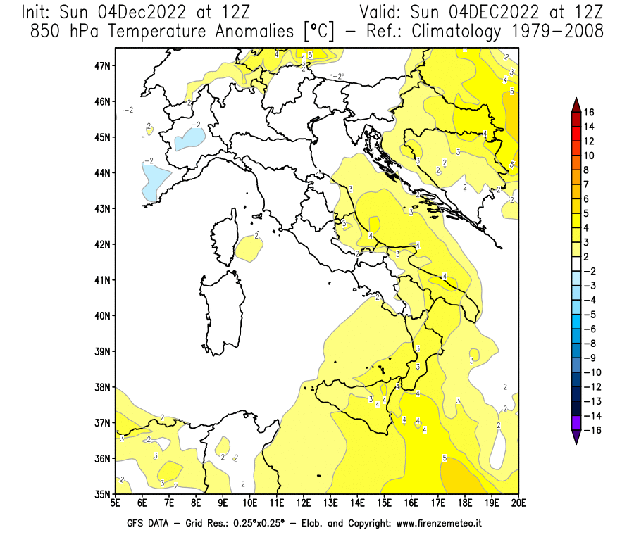 Mappa di analisi GFS - Anomalia Temperatura [°C] a 850 hPa in Italia
							del 04/12/2022 12 <!--googleoff: index-->UTC<!--googleon: index-->